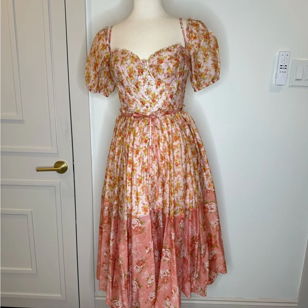 House of cb Peach Poppy Print Puff Sleeve Midi Sundress - Picture 4 of 5